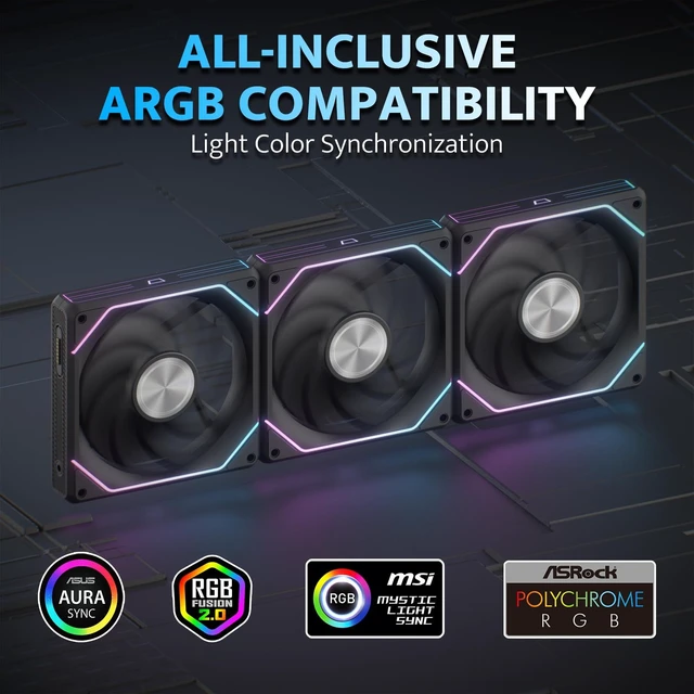 Alt view image 3 of 7 - G16 120MM Magnetic ARGB PC Case Fans - 3 Pack, Tool-Free Installation, up to 2200RPM Cooling, 4-Pin PWM, Sync with Motherboard RGB Software(Black)