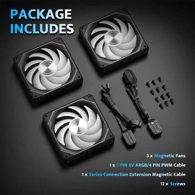 Alt view image 7 of 7 - G16 120MM Magnetic ARGB PC Case Fans - 3 Pack, Tool-Free Installation, up to 2200RPM Cooling, 4-Pin PWM, Sync with Motherboard RGB Software(Black)