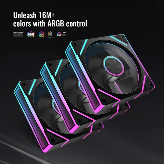 Alt view image 2 of 6 - V8 Prism 120mm ARGB PWM Computer Case Fan 3-Pack, Mirror Design, High-Performance Cooling for Gaming PC - Black, Reverse