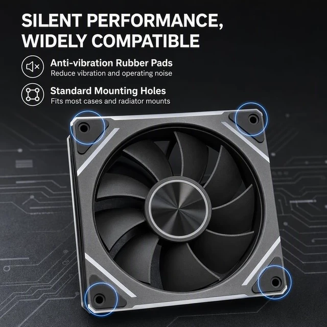 Alt view image 4 of 7 - 120mm ARGB Case Fan, PWM Quiet 62 CFM PC Cooling Fan, 1 Fan | 650-1800 RPM hydraulic bearing, 20 dBA, 5V 3-pin addressable RGB, 120x120x25mm, fits gaming cases, radiators, CPU coolers