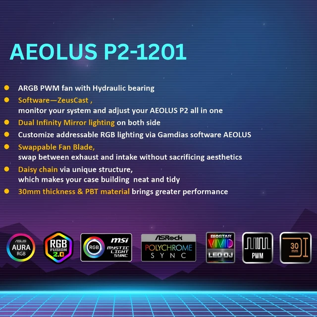 Alt view image 7 of 7 - ARGB Case Fan 120mm x1 & Reverse Blade x1, ARGB Motherboards Sync, Hassle-Free Cable Management with Cabless Daisy Chain Design, Quiet & 75CFM Airflow with 2400 RPM PWM RGB PC Fan, Aeolus P2