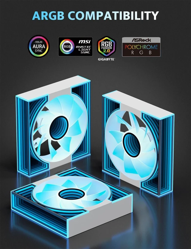 Alt view image 4 of 7 - DM8 3-Pack Reverse Blade RGB PWM Fans, Dual Ring Infinity Mirror Case Fans, 1600RPM High Airflow 56CFM, Low Noise 32.5dBA, Computer Case Cooler Fan (White)