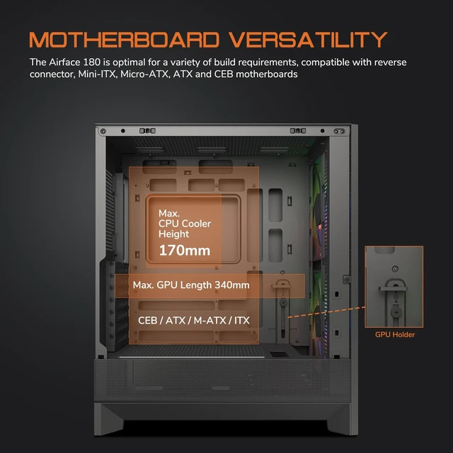 Alt view image 3 of 7 - Airface 180 ES ATX Computer PC Case Pre-Install 2X 180mm ARGB Fans | Compatible with CEB/ ATX/ M-ATX/ ITX motherboard, Supports up to 7x120mm Fans, Type-C Ready, For Office Workers, Gamers