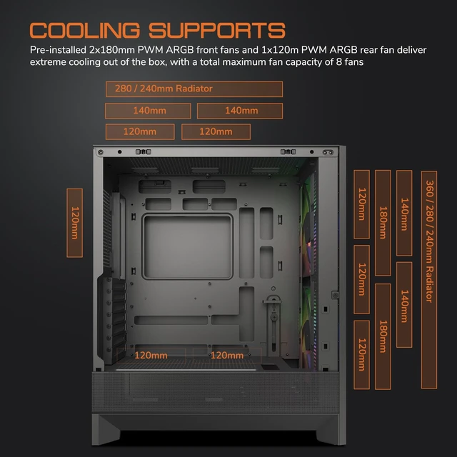 Alt view image 4 of 7 - Airface 180 ES ATX Computer PC Case Pre-Install 2X 180mm ARGB Fans | Compatible with CEB/ ATX/ M-ATX/ ITX motherboard, Supports up to 7x120mm Fans, Type-C Ready, For Office Workers, Gamers