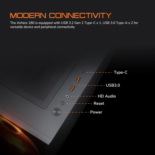 Alt view image 6 of 7 - Airface 180 ES ATX Computer PC Case Pre-Install 2X 180mm ARGB Fans | Compatible with CEB/ ATX/ M-ATX/ ITX motherboard, Supports up to 7x120mm Fans, Type-C Ready, For Office Workers, Gamers