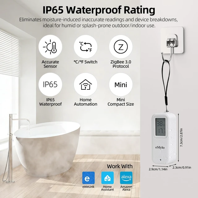Alt view image 2 of 7 - Zigbee Indoor Outdoor Temperature Humidity Sensor IP65 Waterproof | Smart Thermometer Hygrometer, Compatible with Echo, SmartThings, Home Assistant, Tuya, Hub Required for Home Automation