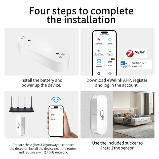 Alt view image 4 of 7 - Zigbee Temperature Sensor, Humidity Sensor Thermometer for House, Compatible with Alexa & Google Assistant, eWeLink APP for Remote Monitoring and Home Automation, ZigBee 3.0 Hub Required