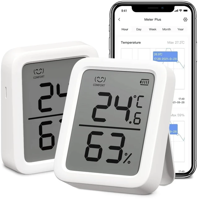 Main image of Thermometer Hygrometer, Bluetooth Indoor Humidity Meter and Temperature Sensor with App Control, Large LCD Display, Notification Alerts, Data Storage Export, Remote Monitor for Home (2 Pack)