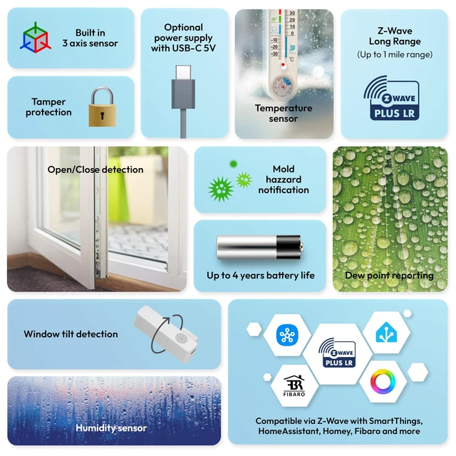 Alt view image 2 of 7 - Door Window Sensor 8 - Z-Wave Long Range, Open/Close, Temperature & Humidity, 3 Axis Sensor, Mold Hazard Function, Tamper, Garage Door Sensor, Z-Wave 800 Series, HomeAssistant, SmartThings,