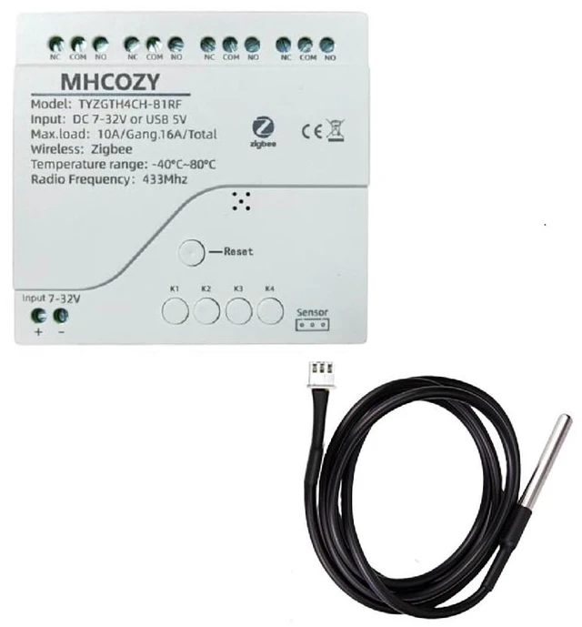 Main image of Zigbee Temperature Monitor Controller,4 Channel 12V Tuya app Remote Dry Contact Smart Relay Switch with Waterproof Temperature Sensor Probe(Tuya Zigbee hub needed)