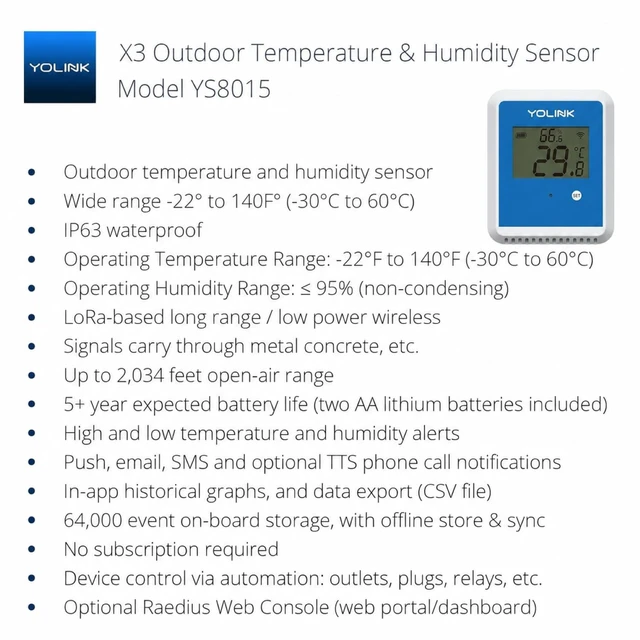 Alt view image 2 of 7 - X3 Outdoor Thermometer Hygrometer Data Logger, YS8015 | Temperature History, App/Email Alerts, Up to 5-Year Battery Life, LoRa Protocol Up to 2034 Feet, Hub Required