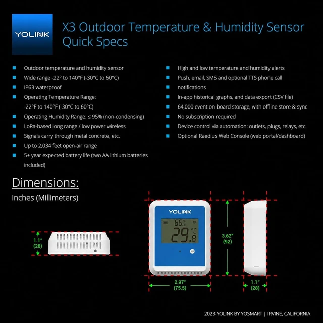 Alt view image 3 of 7 - X3 Outdoor Thermometer Hygrometer Data Logger, YS8015 | Temperature History, App/Email Alerts, Up to 5-Year Battery Life, LoRa Protocol Up to 2034 Feet, Hub Required