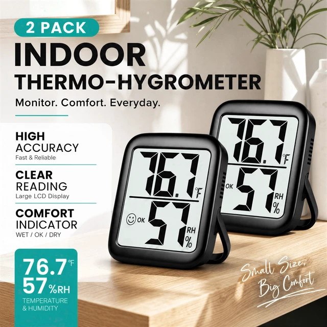 Alt view image 3 of 7 - 2 Pack Room Thermometer Indoor Hygrometer | Monitor Temperature & Humidity, Accurate, Fast Read, Easy To View, Magnetic/Kickstand/Hanging, /, w/ Battery, Compact