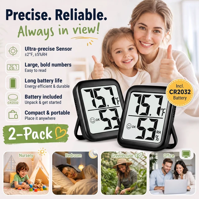 Alt view image 4 of 7 - 2 Pack Room Thermometer Indoor Hygrometer | Monitor Temperature & Humidity, Accurate, Fast Read, Easy To View, Magnetic/Kickstand/Hanging, /, w/ Battery, Compact