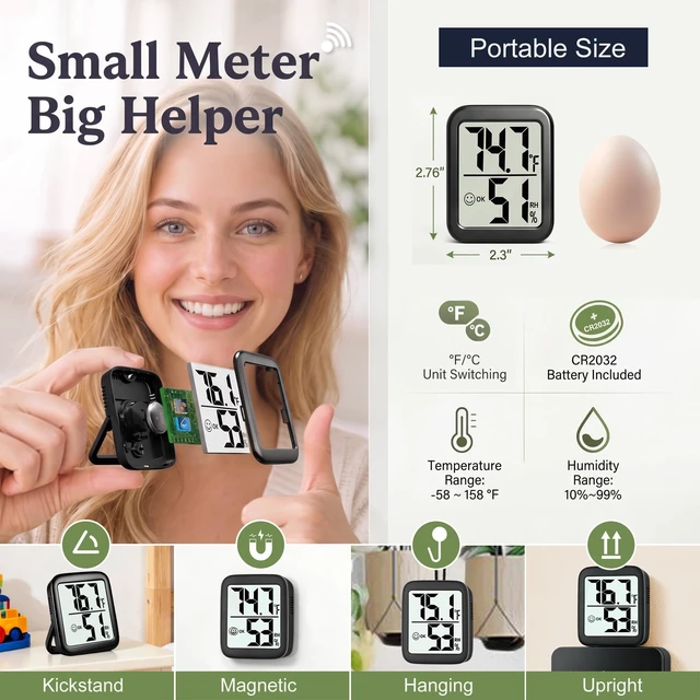 Alt view image 5 of 7 - 2 Pack Room Thermometer Indoor Hygrometer | Monitor Temperature & Humidity, Accurate, Fast Read, Easy To View, Magnetic/Kickstand/Hanging, /, w/ Battery, Compact