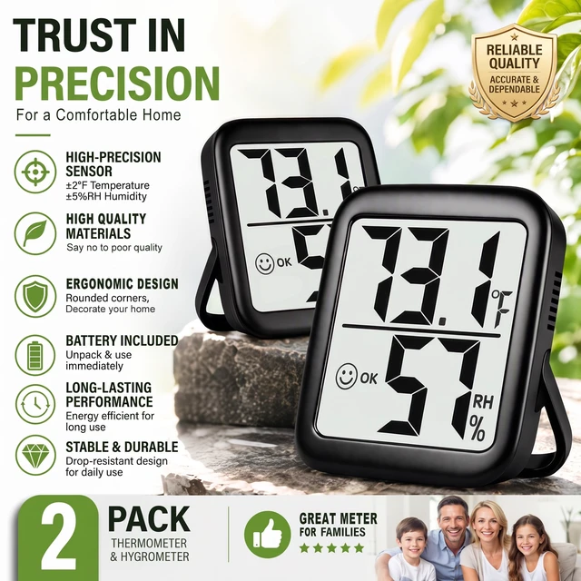 Alt view image 7 of 7 - 2 Pack Room Thermometer Indoor Hygrometer | Monitor Temperature & Humidity, Accurate, Fast Read, Easy To View, Magnetic/Kickstand/Hanging, /, w/ Battery, Compact