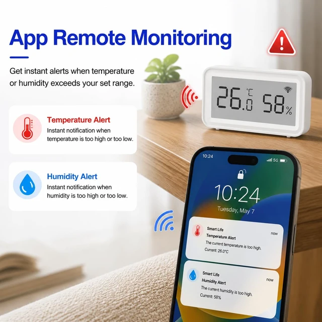 Alt view image 2 of 7 - Smart WiFi Hygrometer Thermometer: Wireless Temperature Humidity Sensor with Clear LCD Display, Calibratable, App Alert & Data Storage Export, Digital Remote Monitor for Bedroom, Greenhouse (1-Pack)