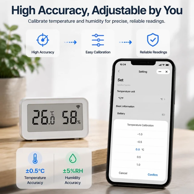 Alt view image 5 of 7 - Smart WiFi Hygrometer Thermometer: Wireless Temperature Humidity Sensor with Clear LCD Display, Calibratable, App Alert & Data Storage Export, Digital Remote Monitor for Bedroom, Greenhouse (1-Pack)