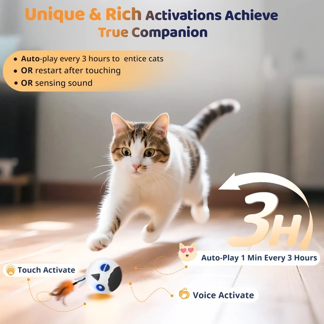 Alt view image 2 of 7 - Cat Toys Ball, Smart Motion Sensor Moving Ball with 4 Sounds& 3 Speed Modes | Interactive Automatic Cat Toy for Indoor Cats,Fast Rolling Motion Activated Chirping Stimulating Light, 2 Feather Refill