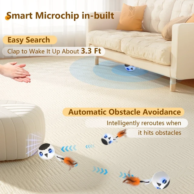 Alt view image 3 of 7 - Cat Toys Ball, Smart Motion Sensor Moving Ball with 4 Sounds& 3 Speed Modes | Interactive Automatic Cat Toy for Indoor Cats,Fast Rolling Motion Activated Chirping Stimulating Light, 2 Feather Refill