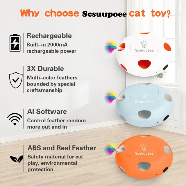Alt view image 6 of 7 - Rechargeable Interactive Cat Toy, White | Smart Sensor Pop-Up Feather Toy with 7 Holes USB Powered Automatic Kitten Toy for Indoor Cats