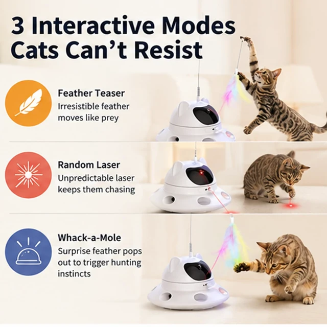 Alt view image 2 of 7 - 3-in-1 Auto Laser Cat Toy, USB Recharge Motion Activated Kitten Feather Chase Toy - Off-White