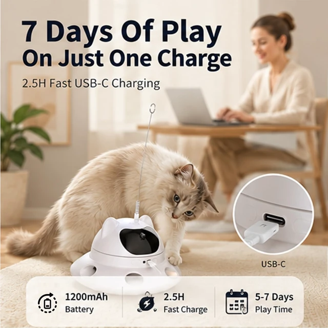 Alt view image 3 of 7 - 3-in-1 Auto Laser Cat Toy, USB Recharge Motion Activated Kitten Feather Chase Toy - Off-White