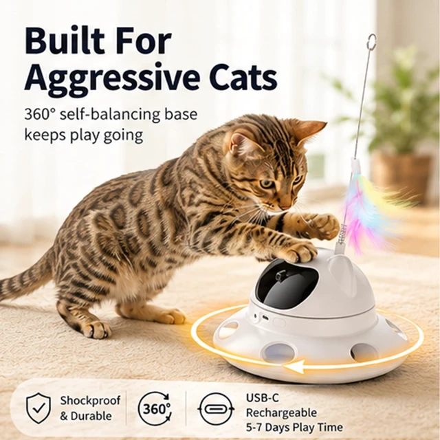 Alt view image 4 of 7 - 3-in-1 Auto Laser Cat Toy, USB Recharge Motion Activated Kitten Feather Chase Toy - Off-White
