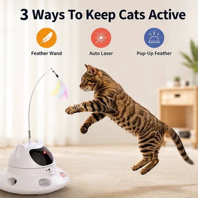 Alt view image 6 of 7 - 3-in-1 Auto Laser Cat Toy, USB Recharge Motion Activated Kitten Feather Chase Toy - Off-White