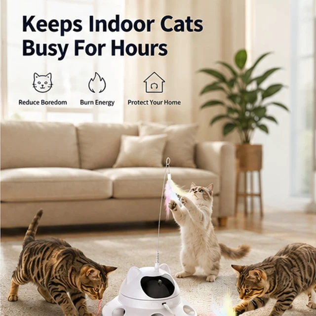 Alt view image 7 of 7 - 3-in-1 Auto Laser Cat Toy, USB Recharge Motion Activated Kitten Feather Chase Toy - Off-White