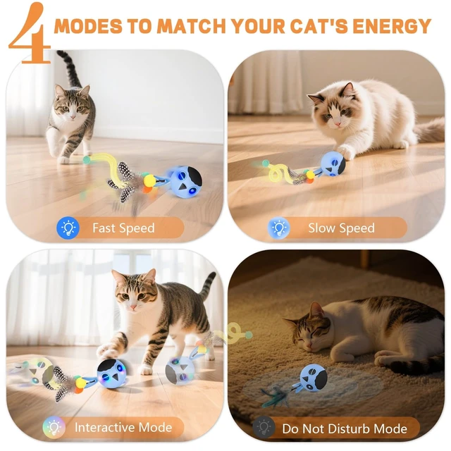 Alt view image 2 of 7 - Cat Ball Toy, Upgraded Smart Motion Sensor Moving Ball with 3 Speed Modes & 4 Sounds, Interactive Toy for Indoor Cats, Motion Activated, Chirping Light, 2 Feather Tails(Blue)