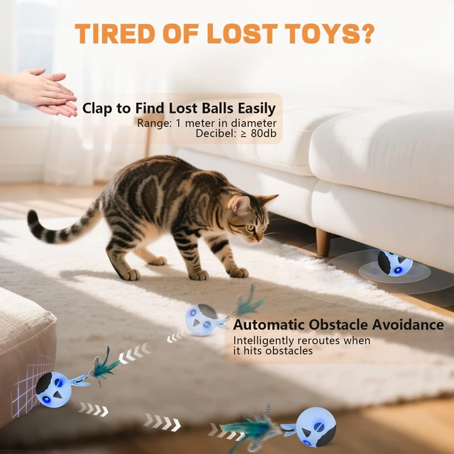 Alt view image 5 of 7 - Cat Ball Toy, Upgraded Smart Motion Sensor Moving Ball with 3 Speed Modes & 4 Sounds, Interactive Toy for Indoor Cats, Motion Activated, Chirping Light, 2 Feather Tails(Blue)
