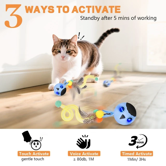 Alt view image 4 of 7 - Cat Ball Toy, Upgraded Smart Motion Sensor Moving Ball with 3 Speed Modes & 4 Sounds, Interactive Toy for Indoor Cats, Motion Activated, Chirping Light, 2 Feather Tails(Blue)