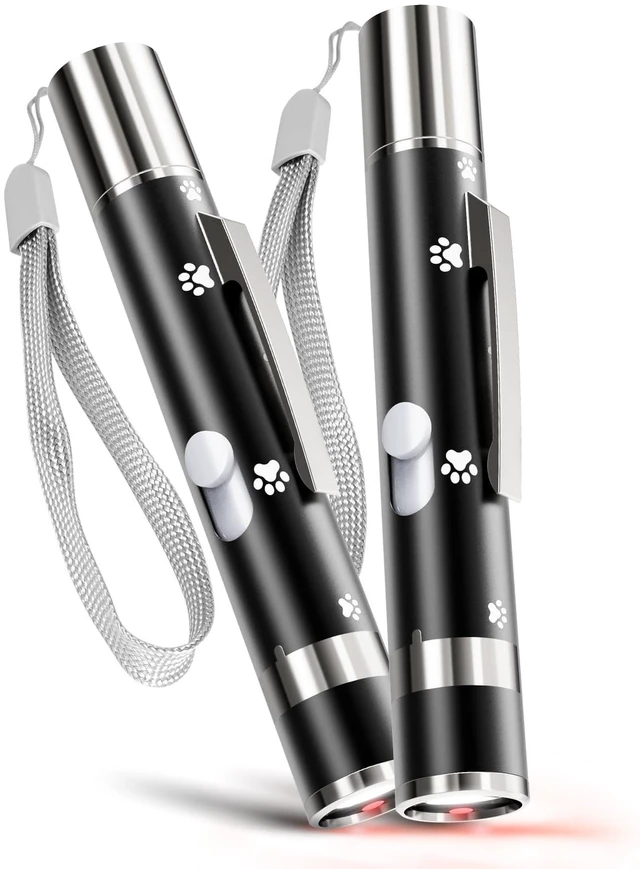 Main image of Cat Toy, 2 Pcs, Interactive Rechargeable Chase Toy for Indoor Cat & Dogs | 3 Light Modes & 5 Fun Patterns, Black Metal Casing with Paw Prints. USB Rechargeable Interactive Pet Training Wand for Indoor
