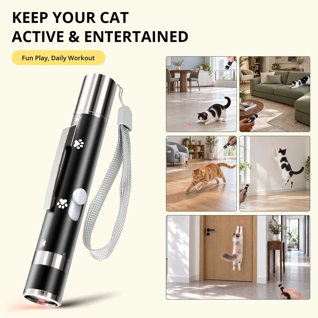 Alt view image 2 of 7 - Cat Toy, 2 Pcs, Interactive Rechargeable Chase Toy for Indoor Cat & Dogs | 3 Light Modes & 5 Fun Patterns, Black Metal Casing with Paw Prints. USB Rechargeable Interactive Pet Training Wand for Indoor