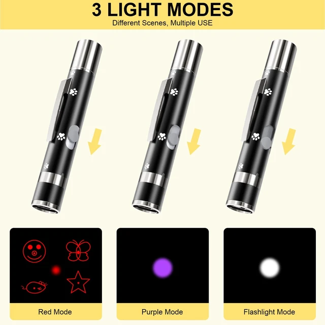 Alt view image 3 of 7 - Cat Toy, 2 Pcs, Interactive Rechargeable Chase Toy for Indoor Cat & Dogs | 3 Light Modes & 5 Fun Patterns, Black Metal Casing with Paw Prints. USB Rechargeable Interactive Pet Training Wand for Indoor
