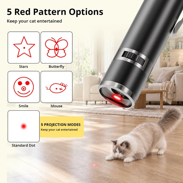 Alt view image 4 of 7 - Cat Toy, 2 Pcs, Interactive Rechargeable Chase Toy for Indoor Cat & Dogs | 3 Light Modes & 5 Fun Patterns, Black Metal Casing with Paw Prints. USB Rechargeable Interactive Pet Training Wand for Indoor