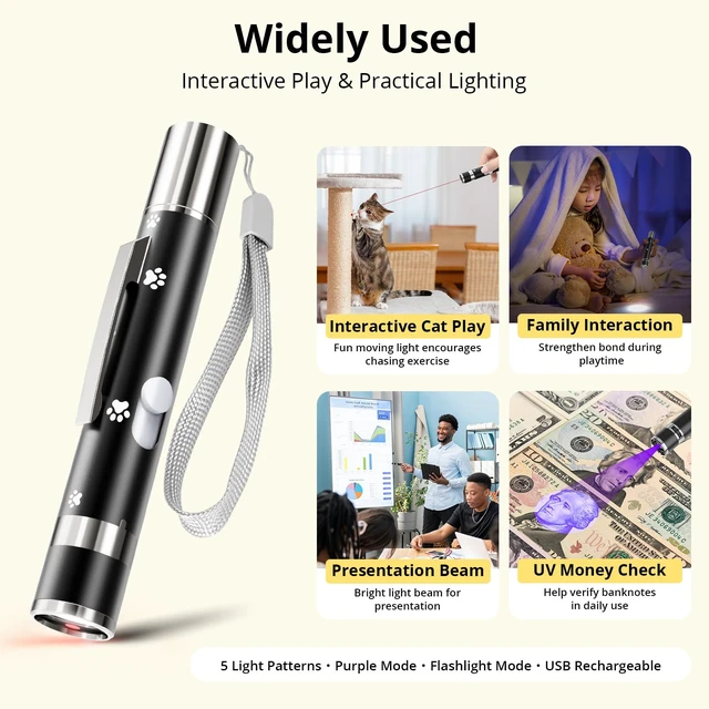 Alt view image 7 of 7 - Cat Toy, 2 Pcs, Interactive Rechargeable Chase Toy for Indoor Cat & Dogs | 3 Light Modes & 5 Fun Patterns, Black Metal Casing with Paw Prints. USB Rechargeable Interactive Pet Training Wand for Indoor