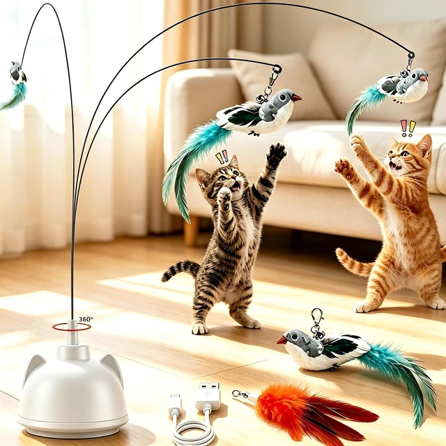 Main image of Interactive Cat Toys for Indoor Cats, Automatic 360° Spinning Cat Wand Toy, Strong Suction Cup Base, USB Rechargeable, Detachable Wand, 2 Feather Refills, 2 Speeds, 3 Modes for Cats of All Ages