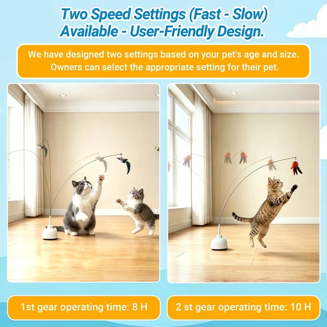 Alt view image 3 of 7 - Interactive Cat Toys for Indoor Cats, Automatic 360° Spinning Cat Wand Toy, Strong Suction Cup Base, USB Rechargeable, Detachable Wand, 2 Feather Refills, 2 Speeds, 3 Modes for Cats of All Ages