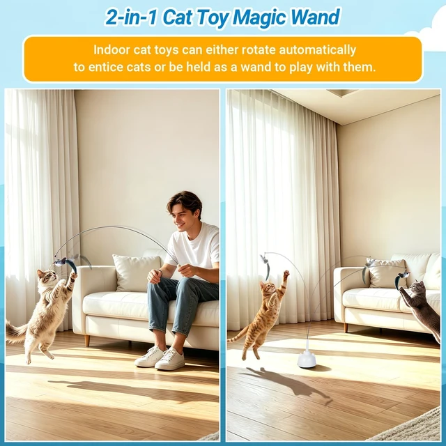 Alt view image 2 of 7 - Interactive Cat Toys for Indoor Cats, Automatic 360° Spinning Cat Wand Toy, Strong Suction Cup Base, USB Rechargeable, Detachable Wand, 2 Feather Refills, 2 Speeds, 3 Modes for Cats of All Ages
