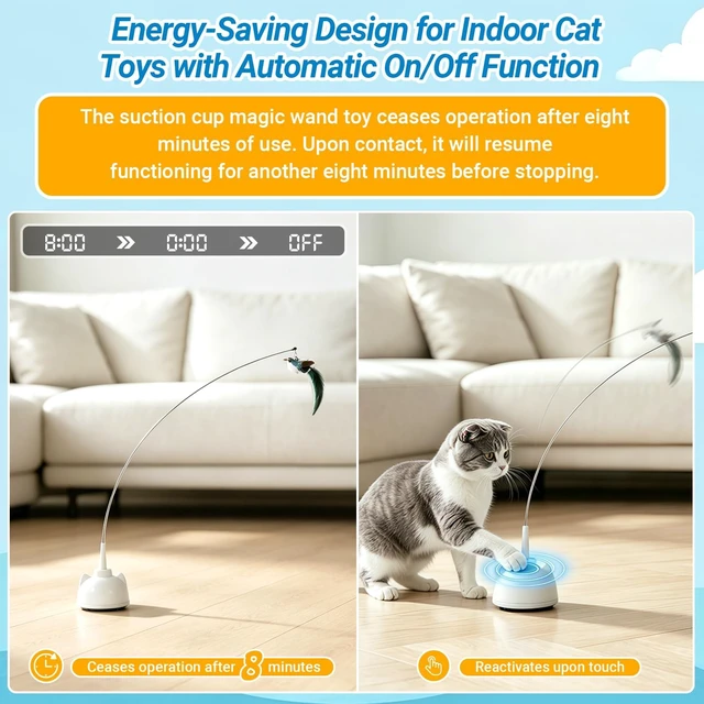 Alt view image 5 of 7 - Interactive Cat Toys for Indoor Cats, Automatic 360° Spinning Cat Wand Toy, Strong Suction Cup Base, USB Rechargeable, Detachable Wand, 2 Feather Refills, 2 Speeds, 3 Modes for Cats of All Ages