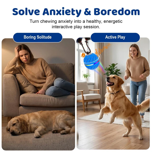 Alt view image 2 of 7 - Smart Interactive Dog Toys Ball for Aggressive Chewers Medium Large,E-TPU 1 Auto-Moving & Bouncing Ball, 2 Modes with RGB Lights & Bird Sounds,Bite-Resistant Rope, IP54 Waterproof, Type-C Fast Charge