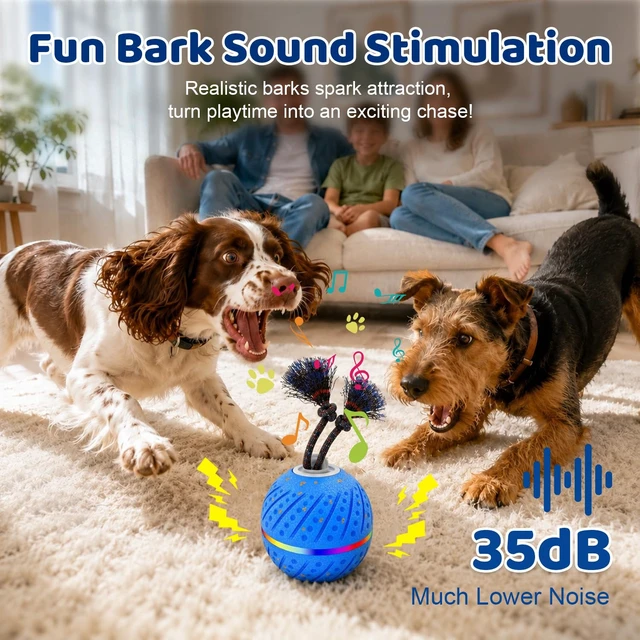 Alt view image 3 of 7 - Smart Interactive Dog Toys Ball for Aggressive Chewers Medium Large,E-TPU 1 Auto-Moving & Bouncing Ball, 2 Modes with RGB Lights & Bird Sounds,Bite-Resistant Rope, IP54 Waterproof, Type-C Fast Charge