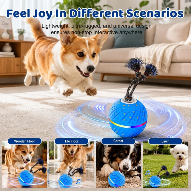 Alt view image 4 of 7 - Smart Interactive Dog Toys Ball for Aggressive Chewers Medium Large,E-TPU 1 Auto-Moving & Bouncing Ball, 2 Modes with RGB Lights & Bird Sounds,Bite-Resistant Rope, IP54 Waterproof, Type-C Fast Charge