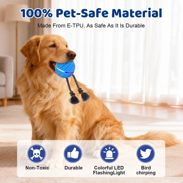 Alt view image 5 of 7 - Smart Interactive Dog Toys Ball for Aggressive Chewers Medium Large,E-TPU 1 Auto-Moving & Bouncing Ball, 2 Modes with RGB Lights & Bird Sounds,Bite-Resistant Rope, IP54 Waterproof, Type-C Fast Charge