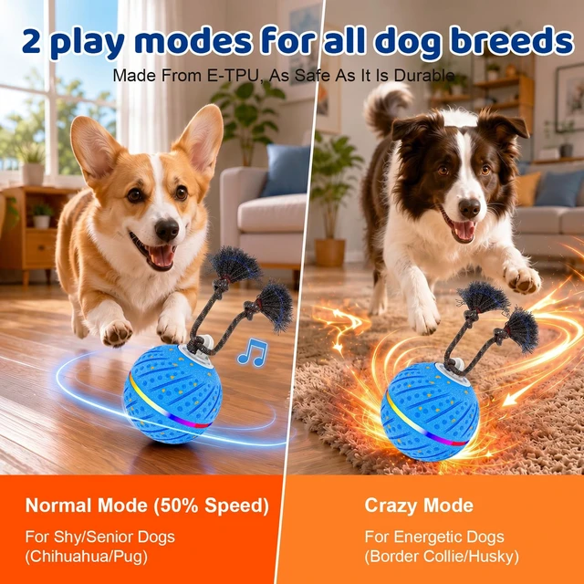 Alt view image 6 of 7 - Smart Interactive Dog Toys Ball for Aggressive Chewers Medium Large,E-TPU 1 Auto-Moving & Bouncing Ball, 2 Modes with RGB Lights & Bird Sounds,Bite-Resistant Rope, IP54 Waterproof, Type-C Fast Charge