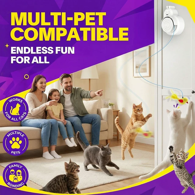 Alt view image 2 of 6 - Interactive Cat Toy for Indoor Cats: Auto Hunting Motion Flying Bird Toy | Natural Hunting Stimulation, Hands-Free Indoor Play, Door Hanging Design, Mental Enrichment, Space Saving Setup