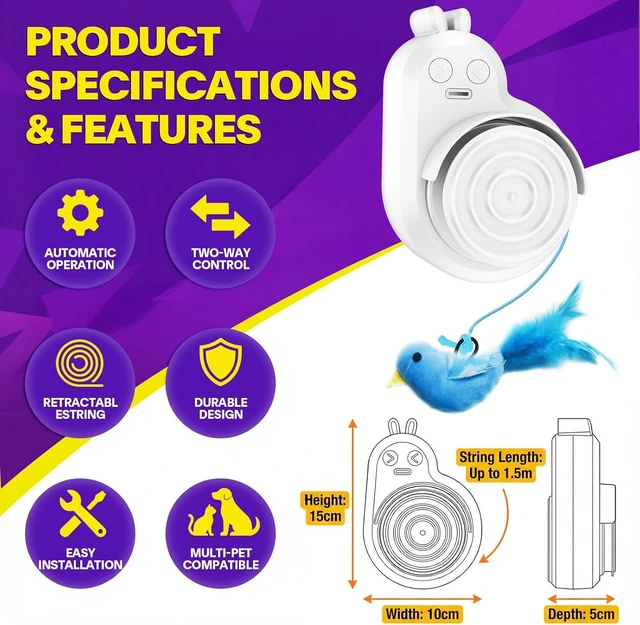 Alt view image 6 of 6 - Interactive Cat Toy for Indoor Cats: Auto Hunting Motion Flying Bird Toy | Natural Hunting Stimulation, Hands-Free Indoor Play, Door Hanging Design, Mental Enrichment, Space Saving Setup