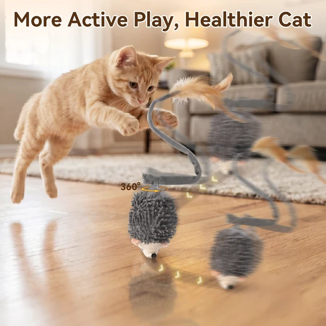 Alt view image 2 of 7 - Interactive Hedgehog Cat Toy 360° Rolling & Spin with Soft Plush Tail for Indoor Cats Smart Motion Sensor, Realistic Squeak, Rechargeable Plush Kitten Toy (Grey)